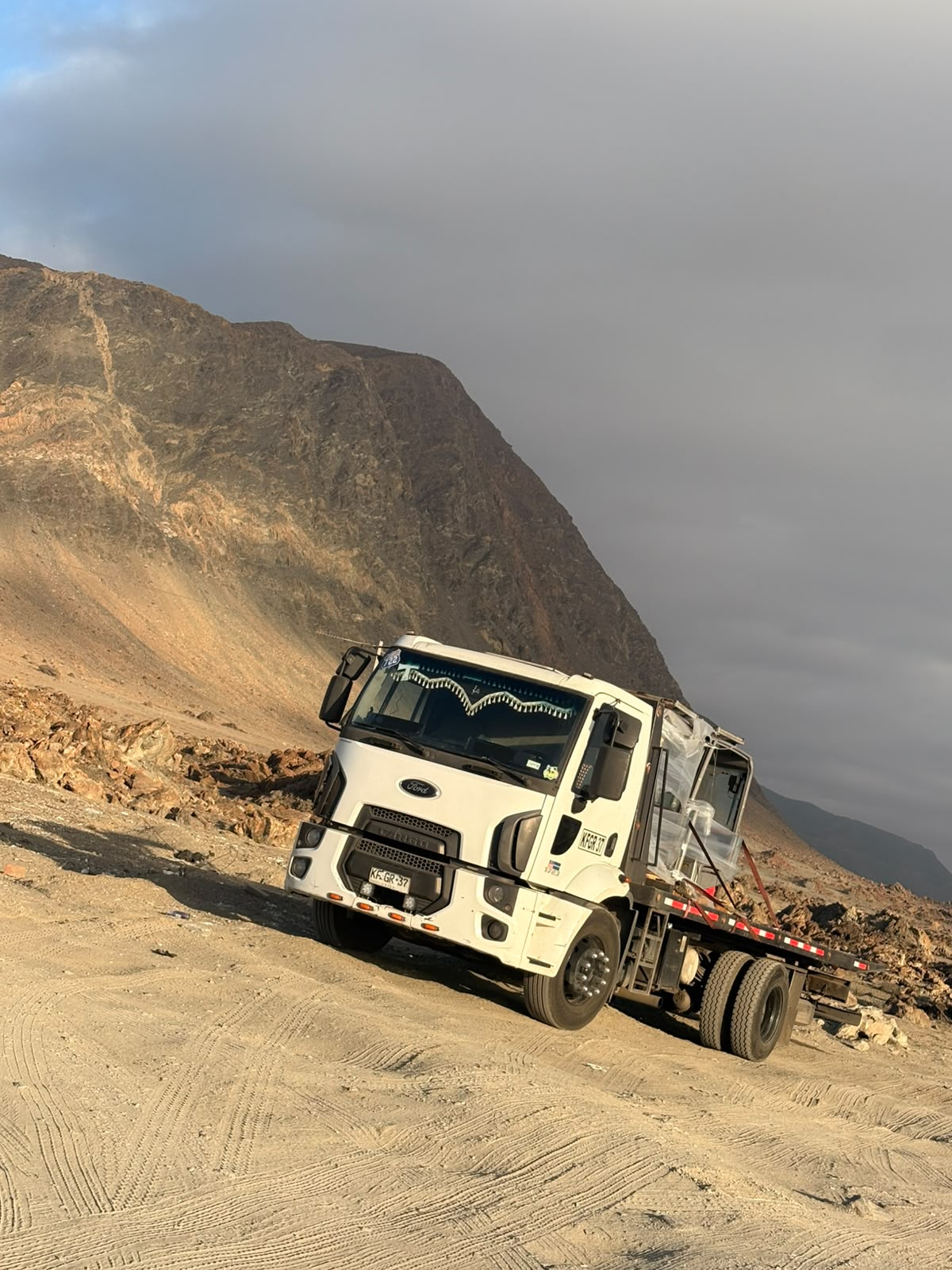 Camión blanco Ford de plataforma frente a cerros del desierto
